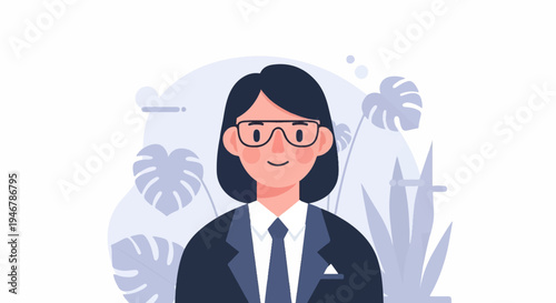 Professional figure with glasses and dark suit, surrounded by stylized plant elements