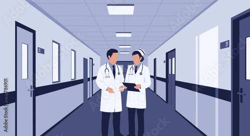 Medical Professionals Discussing In Hospital Corridor Representing Healthcare And Medicine