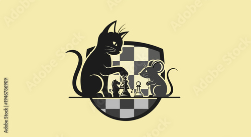 A cat and mouse play chess on a checkered shield