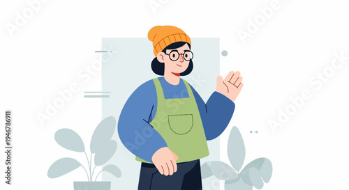 Friendly person wearing glasses and an apron, waving hello with a plant nearby