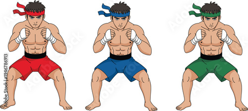Cartoon martial arts fighter character set showing three athletic combat athletes in fighting stance with different shorts colors, boxing or MMA training illustration isolated