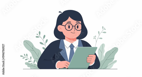 A smiling person in a suit and glasses looks at a tablet, with plants around