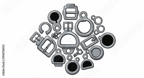 Assortment of various metal hardware components including buckles, rings, and clasps