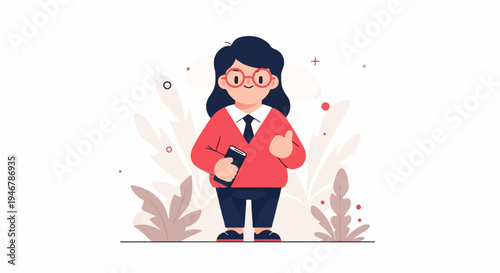 Cheerful person in red, holding a phone, with plants and dots