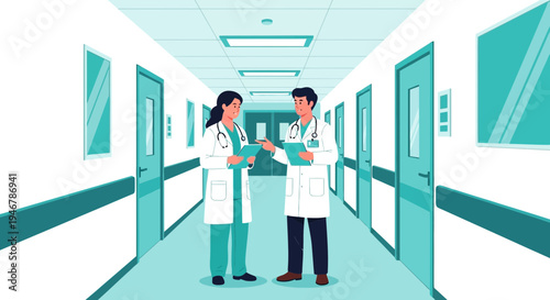 Medical Professionals Discussing Patient Records In A Bright Hospital Corridor Setting