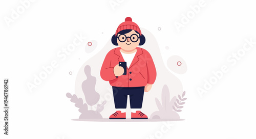 Chubby person in winter hat and jacket with glasses, holding smartphone