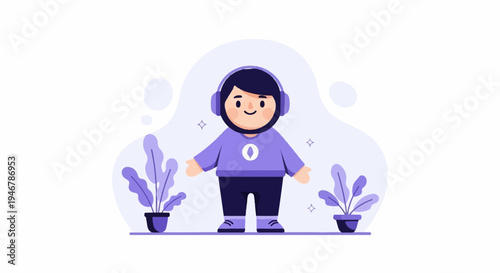 A whimsical character with headphones and plants, enjoying leisure