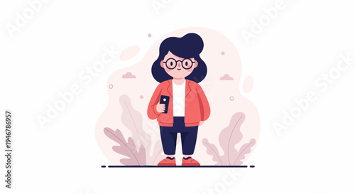 A stylized illustration of a person with dark hair, glasses, and an orange jacket holding a phone