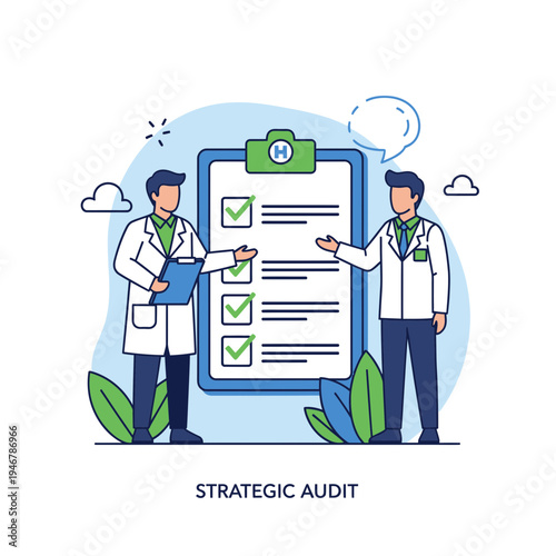 Medical Professionals Discussing Strategic Audit Results and Healthcare Checklist in Hospital