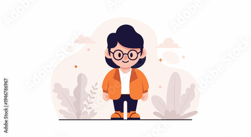A minimalist cartoon character with dark hair and glasses wears an orange jacket and dark pants