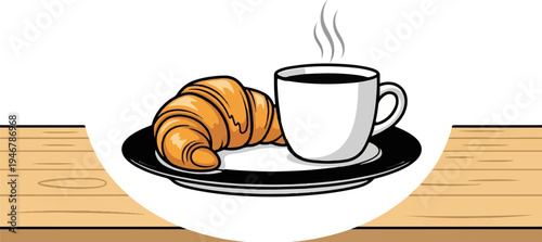 A warm cup of coffee sits next to a golden croissant on a black plate