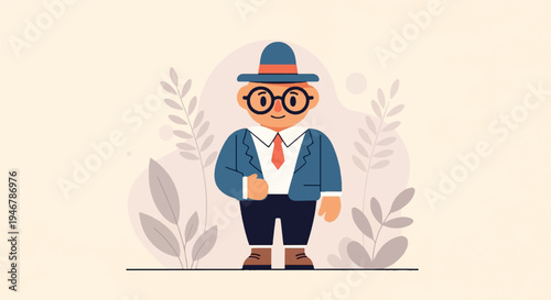 A flat, cartoon-style man in a blue suit, orange tie, hat, and glasses, stands against a soft, light background