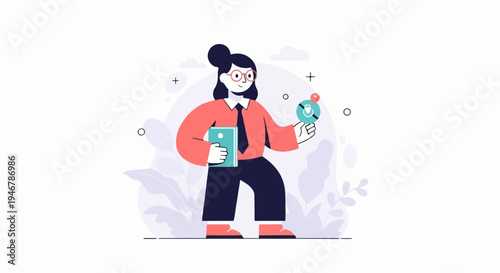 Illustration of a person in a coral shirt, dark pants, and glasses holding a book and a microphone icon