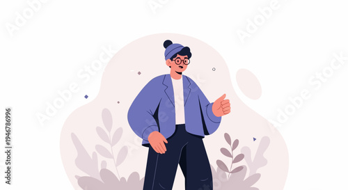 Person in casual attire, wearing a blue jacket and hat, gives a thumbs-up gesture