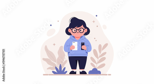 A person in glasses and a blue hoodie holds two phones, surrounded by abstract shapes and plants