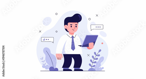 Cheerful businessman with a tablet, surrounded by abstract shapes and speech bubbles