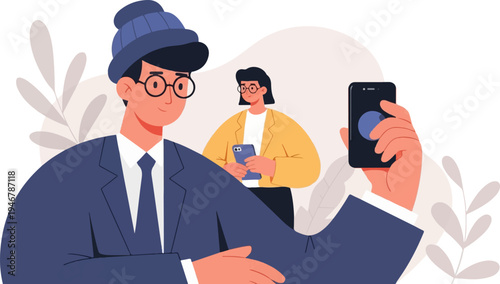 Diverse people using mobile devices with modern flat illustration style, surrounded by abstract natural elements