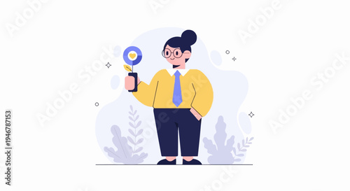 A stylized person in a yellow shirt, blue tie, and dark pants holds a flower with a heart