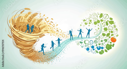 Silhouettes journey from a grain whirlwind to a healthy, colorful food circle