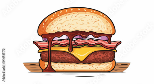 A juicy burger with layers of meat, cheese, bacon, onions, pickles, and dripping sauce on a bun