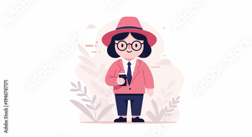 A cartoon figure in a hat, glasses, and a suit, holding a cup with botanical elements