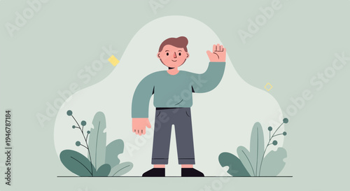 Flat illustration of a young man with brown hair waving hello
