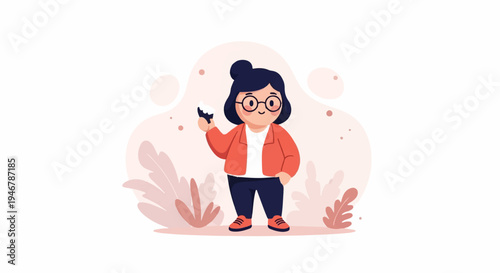 A cartoon person with glasses holds an ice cream cone, with soft plants in the background