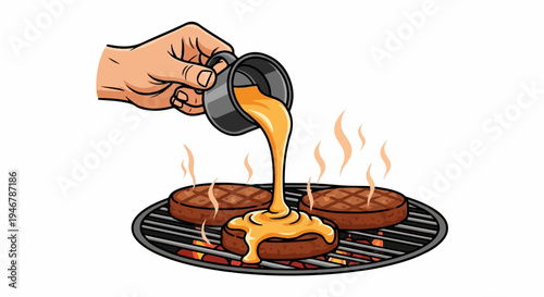 Hand pouring melted cheese over grilling burger patties on a hot barbecue