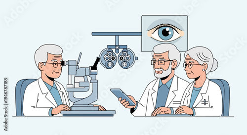 Medical Professionals in a Clinic Performing Eye Examinations and Vision Analysis