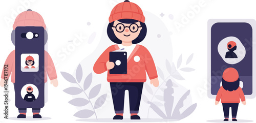 Three stylized figures, one holding a tablet, two interacting with phone-like objects