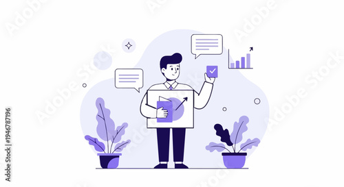 A man holding a tablet showing a chart and a checkmark, with plants and chat bubbles around