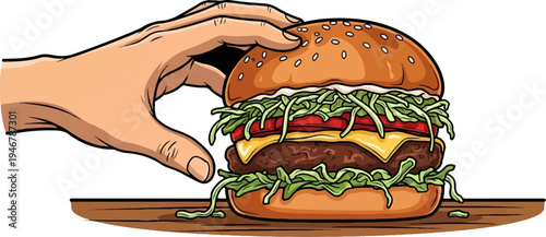 Hand reaching for a stacked, juicy, layered hamburger on a wooden surface