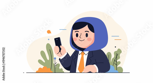 A person in a suit and hijab holding a smartphone amidst abstract plants and shapes