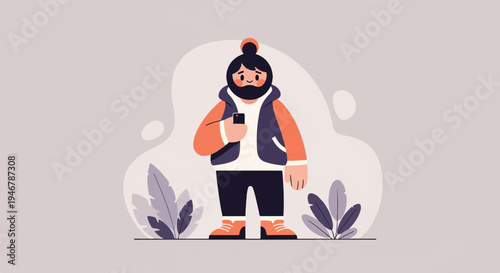 A stylized, full-body illustration of a person with dark hair in a bun and beard, holding a phone