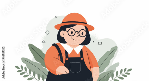 Stylized illustration of a person with a hat and overalls, surrounded by plants