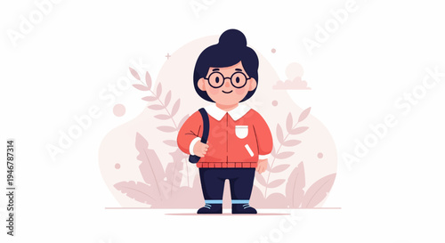 Cute cartoon child with round glasses and a satchel, dressed for school