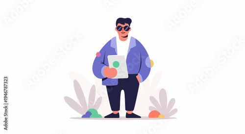 Modern man in stylish attire holding a tablet, amidst abstract foliage