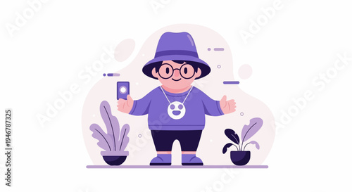 A character in a hat, sweater, shorts, and boots holds a device