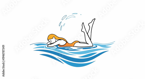 Woman in orange swimsuit floats on blue water waves, splashing