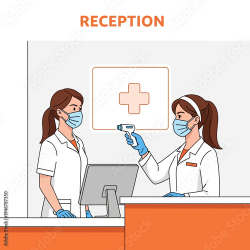 Medical Professionals in Protective Attire Perform Temperature Checks at Reception Desk