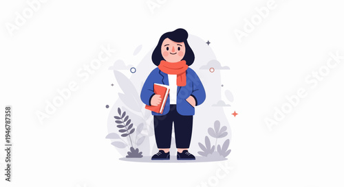 Cheerful person with book and scarf, surrounded by abstract foliage and shapes