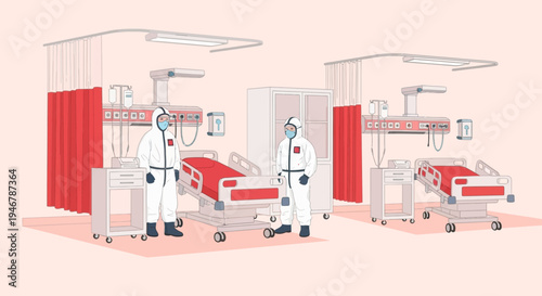 Medical Professionals in Protective Suits Inspecting Hospital Beds in a Sterile Room