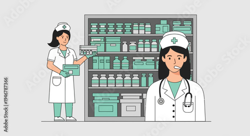 Medical Professionals in Uniform Examining and Organizing Pharmaceutical Supplies in a Storage Area