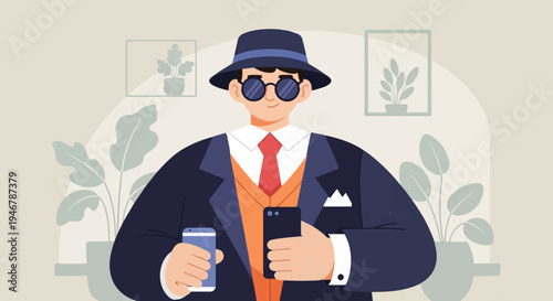 Sophisticated man in formal attire with two smartphones and indoor plants