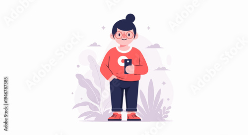 A person in casual attire with glasses holds a phone amidst stylized plants and clouds