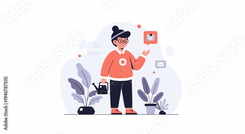 Person with watering can and plants, holding a book icon