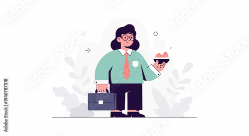 A person in business attire holds a briefcase and a bowl of colorful food
