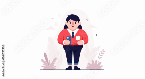A person in a red sweater and dark pants holds a blue phone, with minimalist plants and clouds