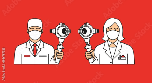 Medical Professionals Perform Eye Examinations Using Ophthalmoscopes For Visual Assessment