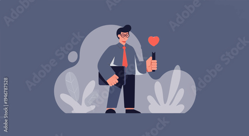 Person in suit holding briefcase and heart symbol against abstract background with plants